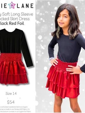 Pixielane Girls' Black Long Sleeve Dress with Red Foil Tiered Skirt